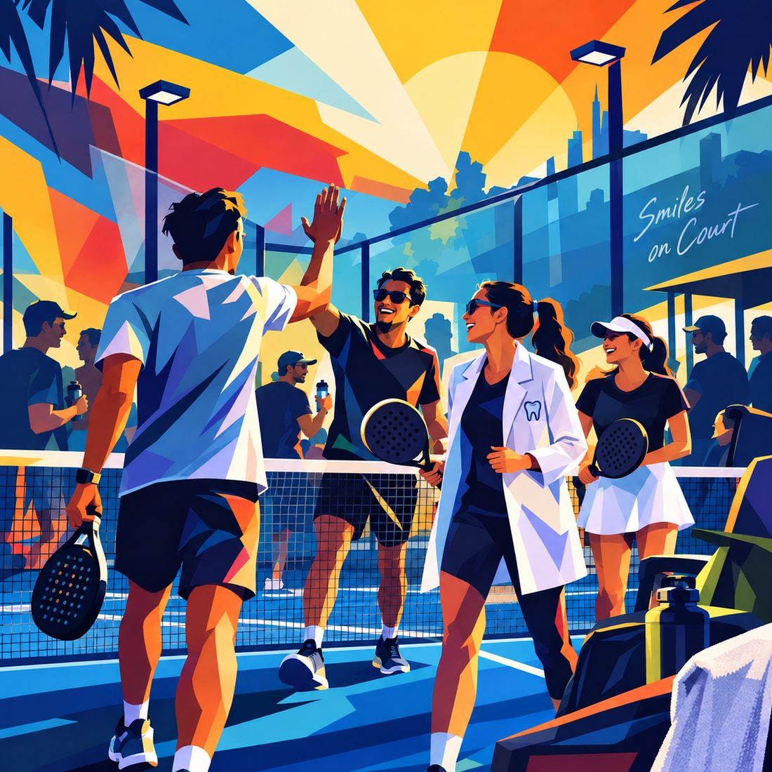 Ilustrasi pemain padel dan dokter gigi ber-high-five di lapangan