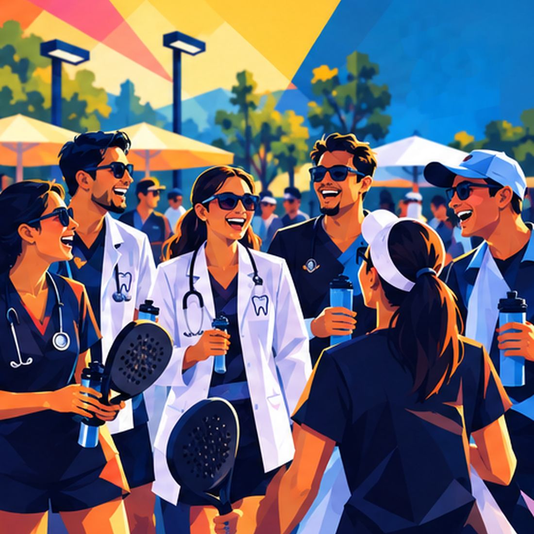 Para dokter gigi dan pemain padel berbincang di tepi lapangan